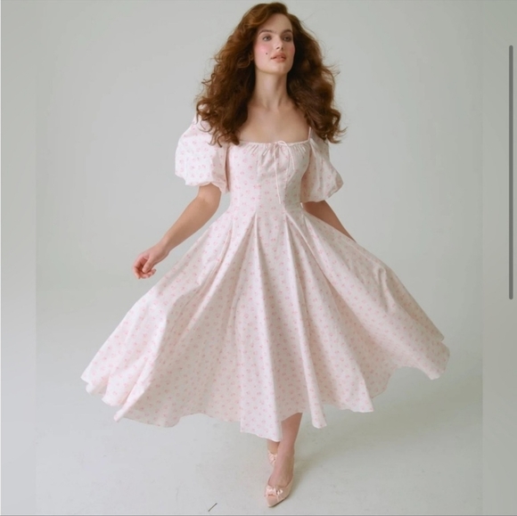 Selkie Dresses & Skirts - Selkie Pink Puff Sleeve Midi Dress with Subtle Floral Print